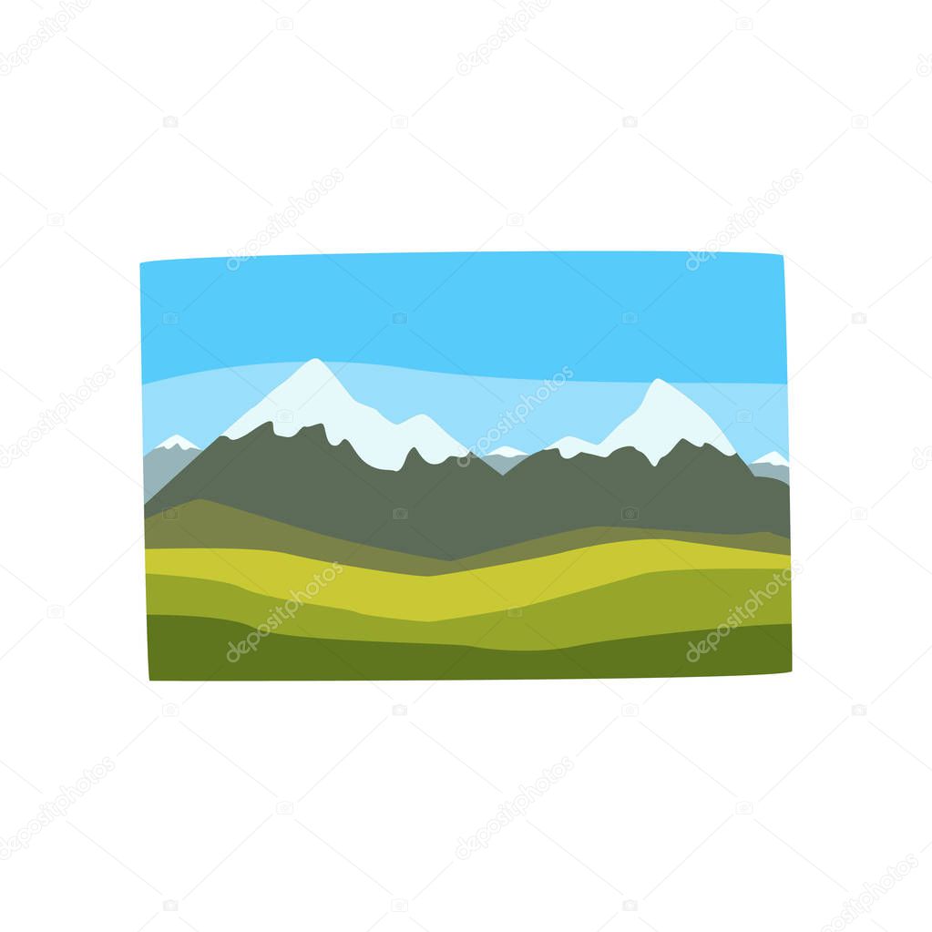 Beautiful Georgian landscape with snowy mountain peaks, green hills and blue sky. Cartoon nature scene. Travel to Georgia. Flat vector icon