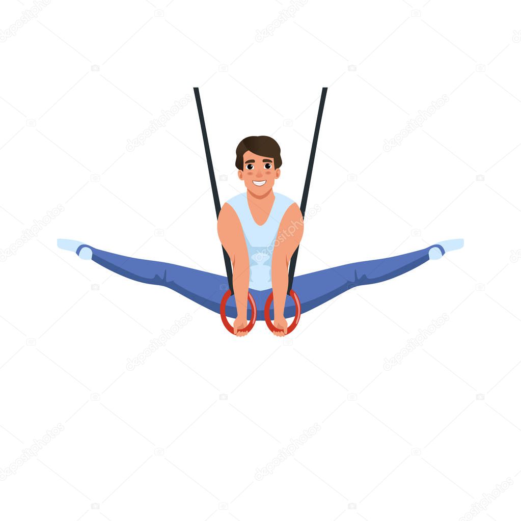 Young smiling guy doing exercises using flying rings. Olympic sport. Strong athlete in sportswear. Cartoon character of professional gymnast. Flat vector design