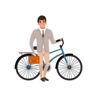 Bisiklet ve evrak çantası elinde duran gülümseyen adam. Çizgi film adam şık giysiler içinde: hırka, gömlek, kravat ve pantolon. Ofis çalışanı. Düz vektör tasarımı