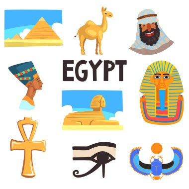 Mısır kültür öğeleri düz vektör kümesi. Piramitler, deve, adam keffiyeh, Tutankamon ve Nefertiti, büyük Sfenks Giza, Ankh, göz Horus ve böcek böcek