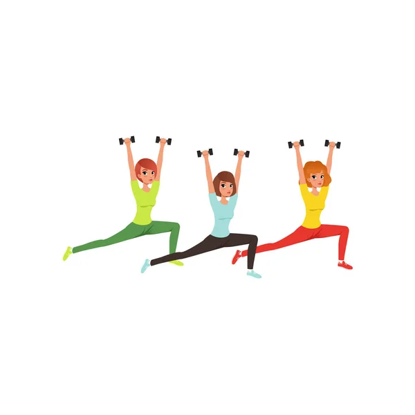 Mujeres de dibujos animados haciendo ejercicio con pesas. Ejercicio de trasero y pierna. Chicas jóvenes en ropa deportiva. Actividad física y estilo de vida saludable. Gente deportiva. Vector plano — Archivo Imágenes Vectoriales