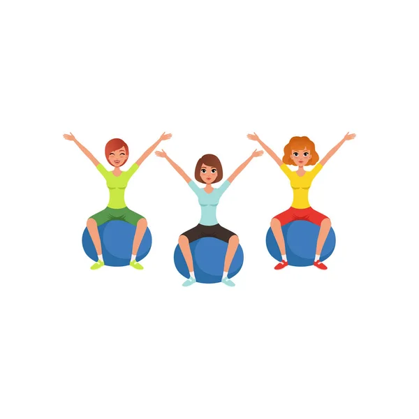 Young girls doing exercise while sitting on fitness balls. Women in colorful sportswear. Healthy lifestyle. Cartoon people in gym. Active workout. Flat vector — Stock Vector