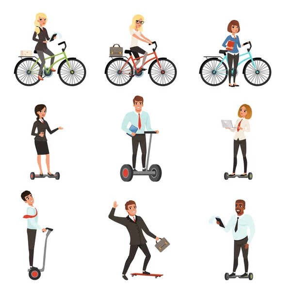 Obchodní muži a ženy v různých vozidel: elektrické hoverboard, segway, na kole, skateboardu. Mladí podnikatelé. Kreslené postavičky lidí. Konstrukce plochých vector — Stockový vektor