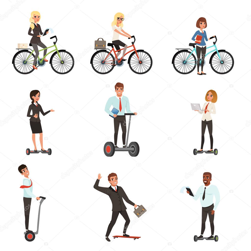 Business men and women on different vehicles: electric hoverboard, segway, bicycle, skateboard. Young office workers. Cartoon people characters. Flat vector design