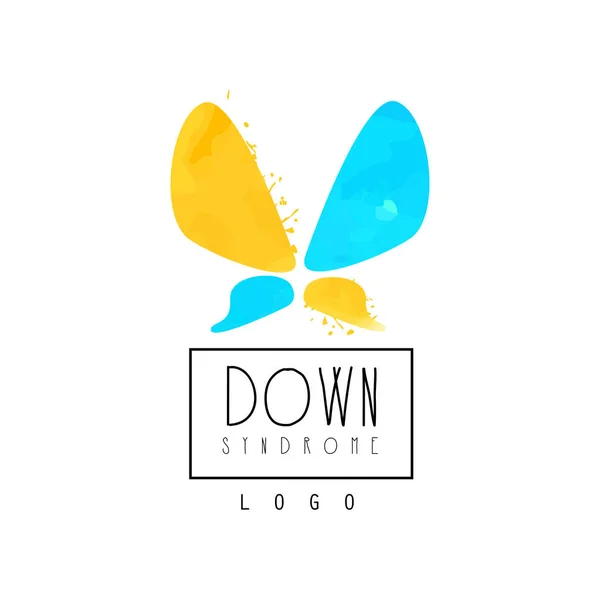 Оригинальный векторный логотип с абстрактной бабочкой для организаций, помогающих людям с синдромом Дауна. Ярко-голубая и желтая эмблема — стоковый вектор