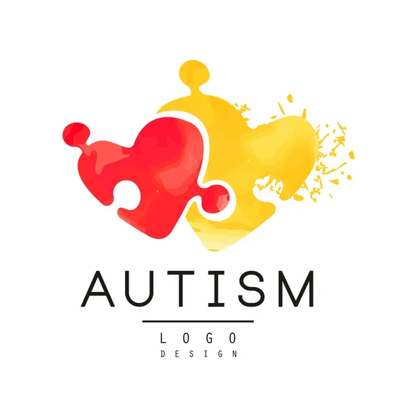 Concepto de conciencia del autismo con dos piezas de rompecabezas en forma de corazones. Logotipo vectorial original para organización caritativa, centro médico o de bienestar — Vector de stock