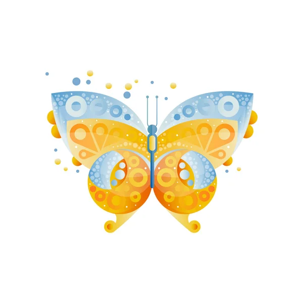 Bright motyl z pięknym wzorem na skrzydłach. Niebieski i żółty. Oryginalną ikonę z gradienty i tekstury. Wektor płaski element pocztówka lub notatnik okładka — Wektor stockowy