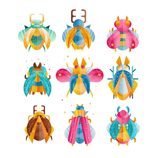 Düz vektör böcekler parlak kanatları, boynuzları ve pençeleri ile kümesi. Renkli uçan böcekler. Gradyanlar ve doku için poster, Flaticons baskı, defter kapağı — Stok Vektör