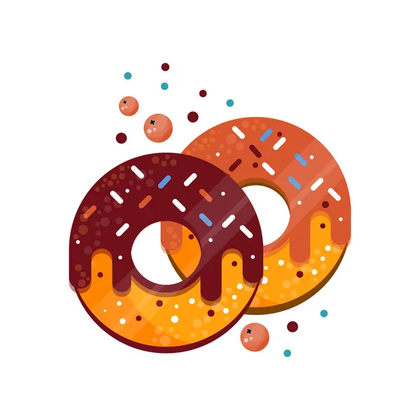 Dos donas con espolvoreados de colores, caramelo y glaseado de chocolate. Delicioso y dulce postre. Comida para el desayuno. Vector plano — Vector de stock