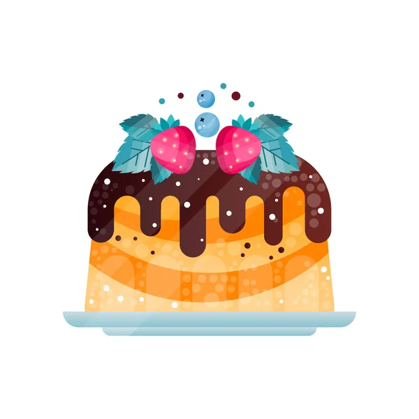 Delicioso pastel cubierto con salsa de chocolate. Pastel decorado con fresas, arándanos y hojas. Icono de vector plano con gradientes y textura — Vector de stock