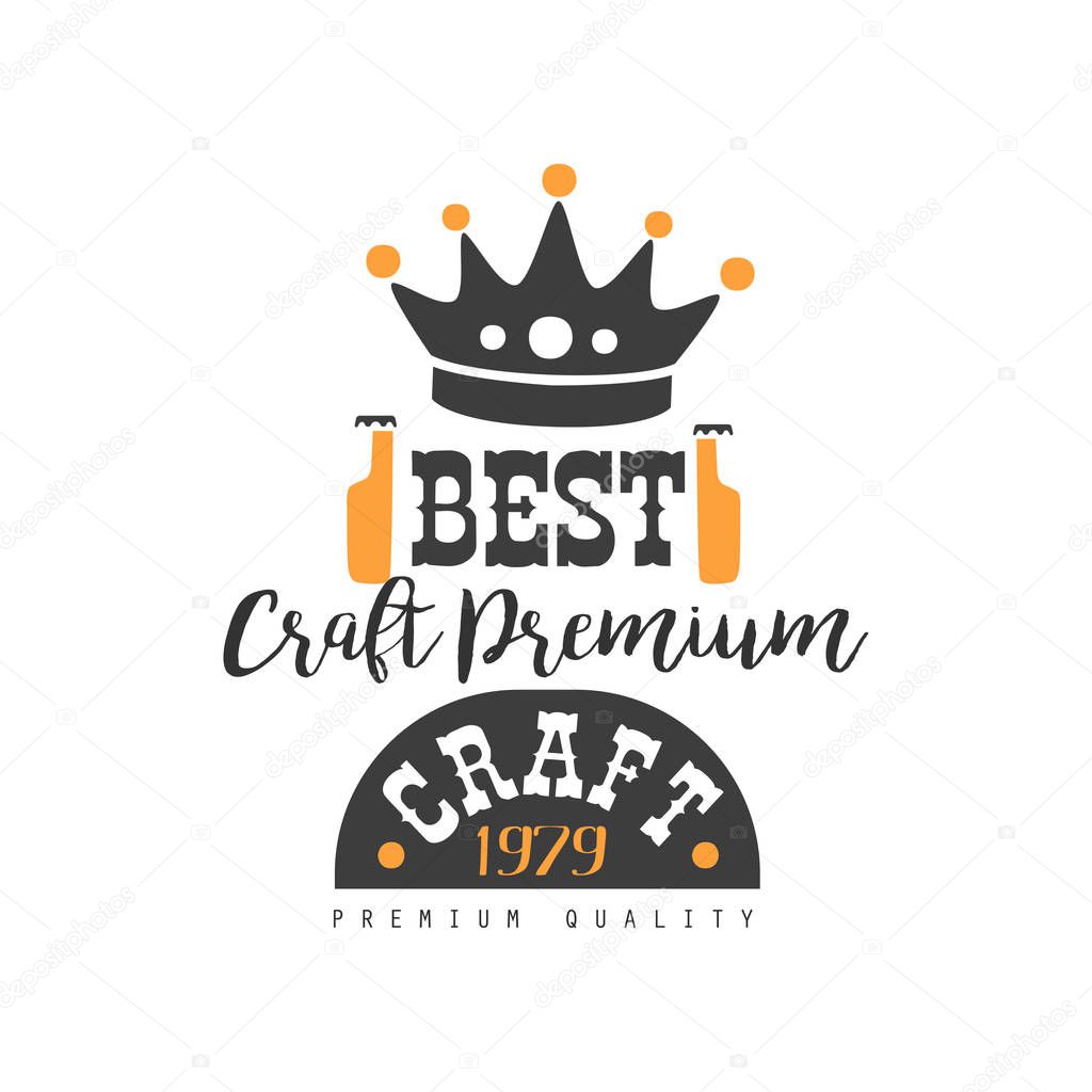 Creative craft beer logo template with crown for brewing company. Alcoholic beverage. Black and orange. Vector element for product label or advertising poster