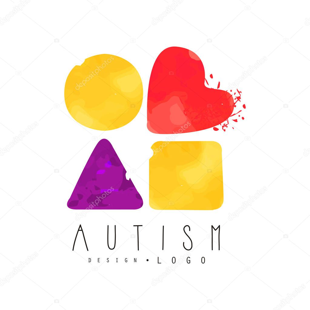 Illustration with abstract textured shapes: circle, heart, triangle and square. World Autism Awareness Day emblem. Genetic disorder theme. Creative vector logo for wellness or medical care center.