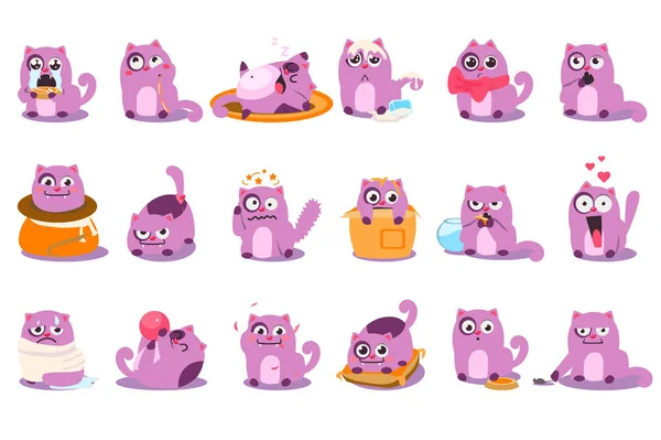 Conjunto de vector plano de dibujos animados gatito púrpura en diferentes situaciones. Personaje de dibujos animados de la emoción divertida gato. Feliz, sorprendido, triste, durmiendo, llorando, juguetón, enojado, enamorado, satisfecho, pensativo. Plano — Archivo Imágenes Vectoriales