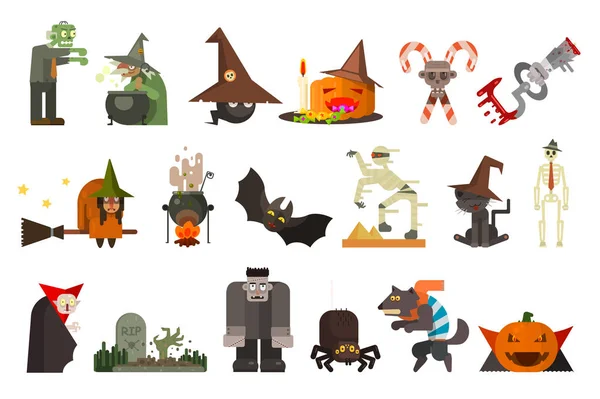 Uppsättning av skrämmande Halloween tecken och objekt. Zombie, häxa, svart katt, Frankenstein, Mumien, pumpa med godis, bat, spindel, vampyr, polkagrisar, grav. Flat vektor design — Stock vektor