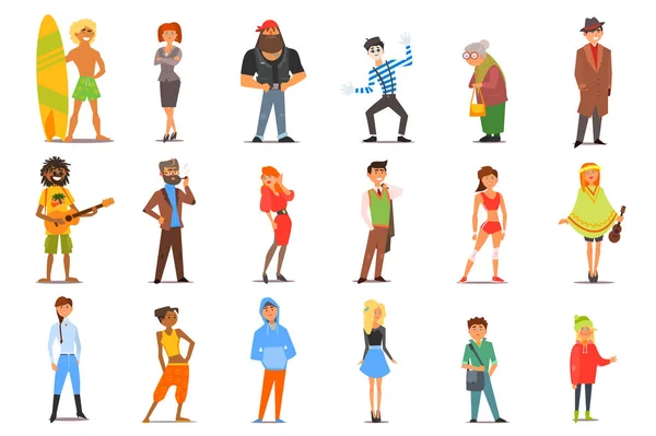 Conjunto vectorial plano de personajes de varias personas de dibujos animados con diferentes estilos de vida e intereses. Hombres y mujeres jóvenes, anciana, adolescentes — Vector de stock