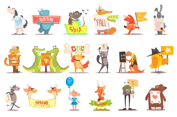 Conjunto de animales salvajes y mascotas domésticas con varios mensajes. Divertidas criaturas de dibujos animados. Diseño vectorial plano para libro infantil o juego móvil — Vector de stock