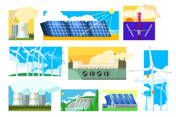 Vector set of alternative energy sources. Electricity production industry. Solar, wind, hydroelectric, nuclear and thermal power plants — Stock Vector