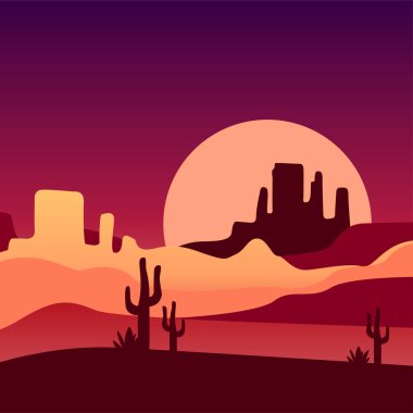 Sandy çöl kaktüsler ve rocky Dağları ile. Gün batımı ile doğal sahne. Vektör tasarımı için poster, kapak, degrade renklerde yazdırma
