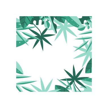 Yeşil tropikal ile özgün çerçeve çiçek bırakır. Doğal sınır. Afiş, poster, tebrik kartı veya davet için düz vektör tasarımı