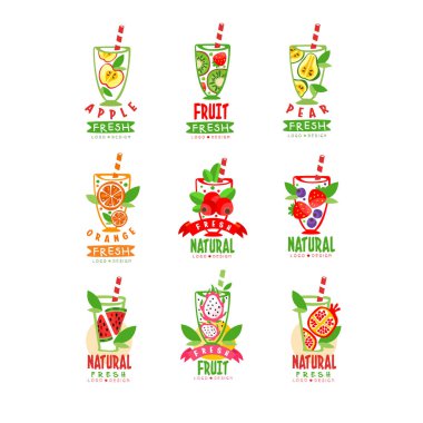 Taze içecekler bardak ile orijinal logo şablonlar. Sağlıklı meyve suyu. Organik güler yüzlü. Doğal ve lezzetli içecek. Vektör tasarımı