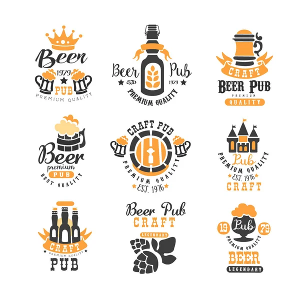Vector set of creative emblems for beer pub, bar or brewing company. Alcoholic beverage. Stylish logo templates with bottles, hop, mugs and lettering — Stock Vector