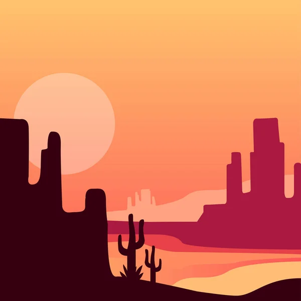 Desierto occidental arenoso con cactus y montañas rocosas. Paisaje natural con puesta de sol o salida del sol. Diseño vectorial para póster de viaje, impresión, juego para móviles — Archivo Imágenes Vectoriales