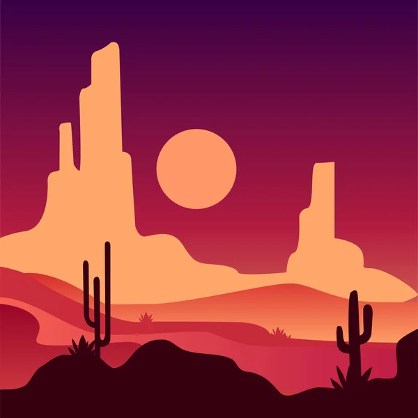 Peisajul deșertului nisipos cu munți stâncoși și plante de cactus. Peisaj natural cu apus de soare. Vector în culori de gradient — Vector de stoc