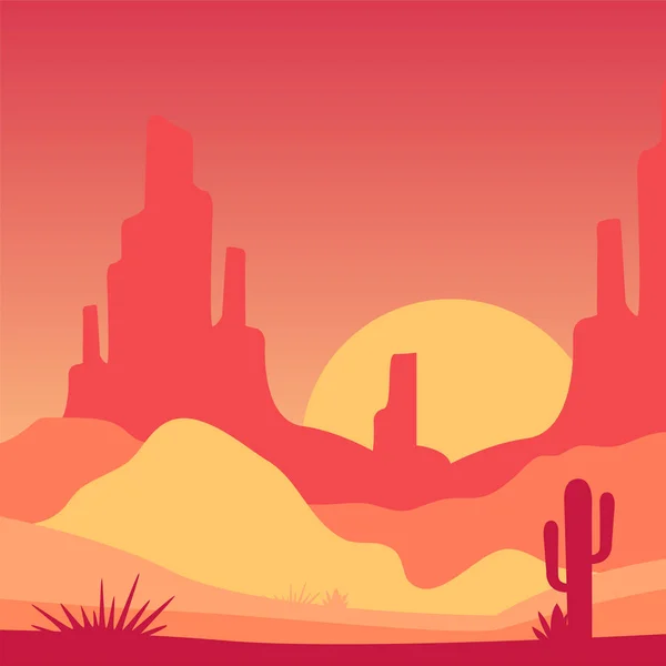 Wüstenlandschaft mit felsigen Bergen und Kakteenpflanzen. Landschaft mit Sonnenaufgang. Vektordesign in Gradientenfarben für mobiles Spiel, Postkarte oder Banner — Stockvektor