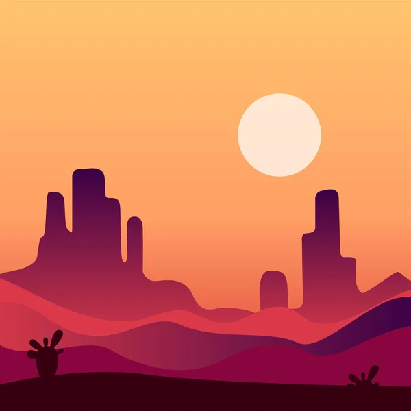 Fondo de paisaje desértico nocturno. Paisaje natural con montañas rocosas y plantas de cactus. Diseño vectorial en colores degradados — Archivo Imágenes Vectoriales