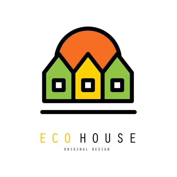 Originele vector logo met drie eco huizen. Ecologie en schone omgeving. Embleem voor groene architecturale service, bouw bedrijf of makelaar — Stockvector