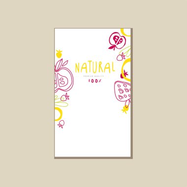 Doğal çilek ve elma yarısı ile renkli vektör kartı. Organik ve tatlı yaz meyve. Ürün paketleme için yaratıcı tasarım