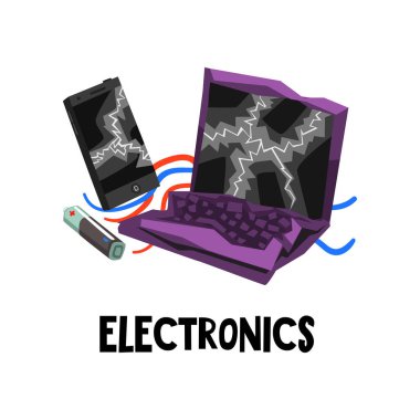 Elektronik atık ya da e-atık kullanılan pil, dizüstü bilgisayar ve akıllı telefon kırık. Düz vektör tasarımı için poster popularization sıralama ve çöp işleme hakkında