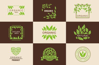 Organik ürün logosu şablonu kümesi, doğal, vegan rozetleri koleksiyonu, tasarım öğeleri amblem, taze ve sağlıklı ürünler çizimler vektör