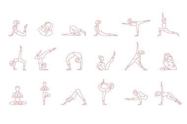 Kadın siluetleri yoga pozlar hazır, asana koleksiyonu vektör çizimler içinde pembe
