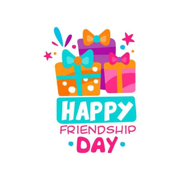 Happy friendship day logo template. Three colorful gift boxes with bows. Creative vector design for souvenir store, greeting card or print