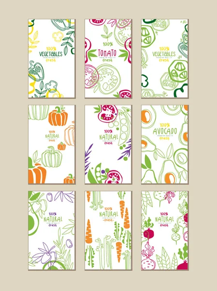 Vector set of bright vertical cards with fresh vegetables. Organic farm food. Vegetarian nutrition. Hand drawn design for promo poster of grocery store or product emblem — Stock Vector