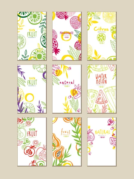 Set of abstract cards or banners with natural fruits. Organic and fresh food. Healthy eating. Creative vector design for product packaging or promo poster — Stock Vector