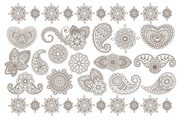 Big vector set of Indian floral ornaments. Back mandala flowers. Elegant vintage henna. Monochrome illustration — Stock Vector