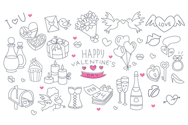 Handgezeichnete Symbole des Valentinstages. Blumen, Champagnerflaschen und Gläser, Luftballons, Tauben, Kerzen. Vektor für Grußkarte, Poster oder Einladung — Stockvektor