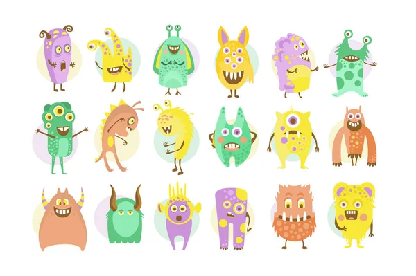 Funny cute colorful monsters characters set vector illustrations — Stock Vector