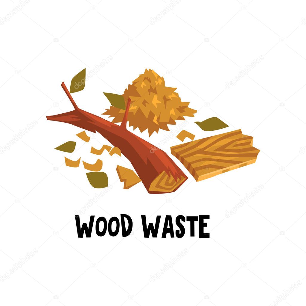 Flat vector design of wood waste dry brunch of tree, stack of sawdust and broken plank. Icon for manual about garbage recycling