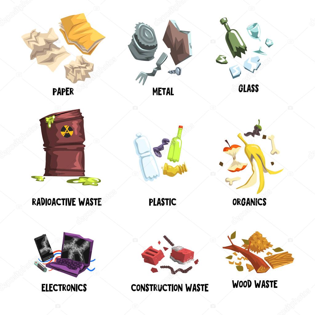 Separation of garbage on paper, metal, glass, radioactive waste, plastic, organics, electronics, construction rubbish and wood. Flat vector set