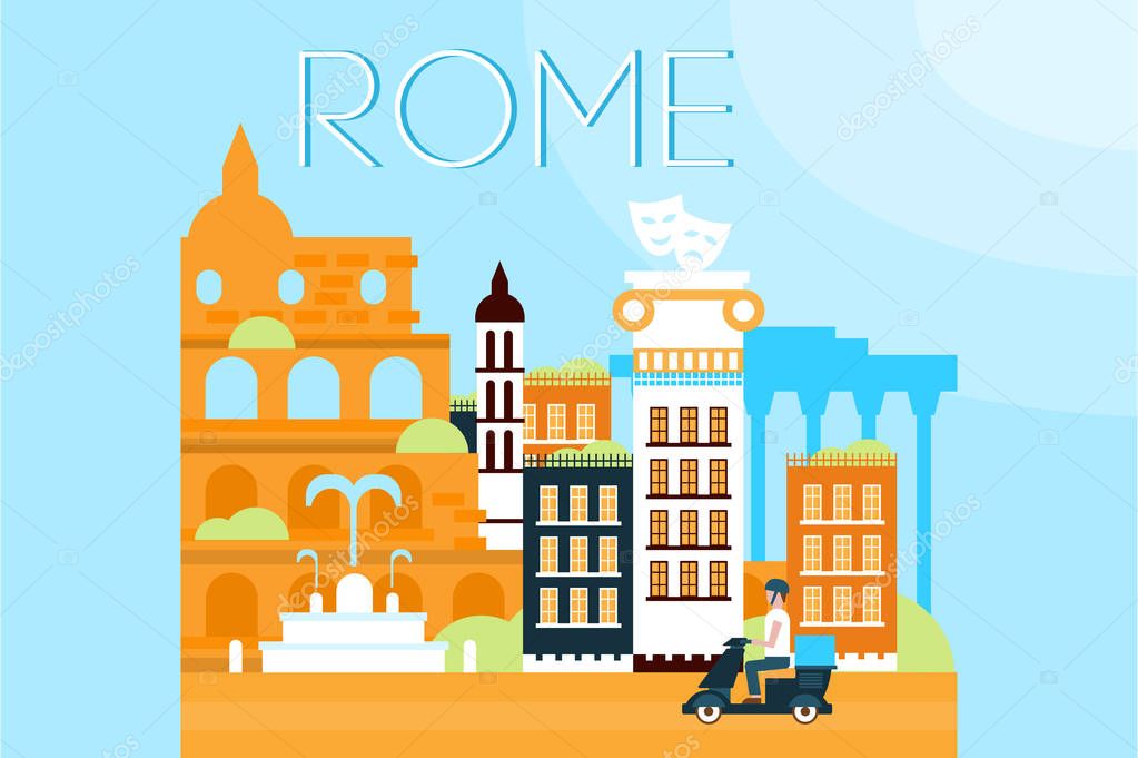 Rome, travel landmarks, city architecture vector illustration in flat style, design element for banner or poster.