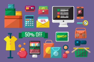 Internet mağaza kümesindeki mal satın alma, online alışveriş vektör çizimler