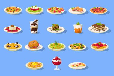 Gıda büyük ayarla, İtalyan mutfak yemekleri pizza, makarna ve tatlılar illüstrasyon vektör