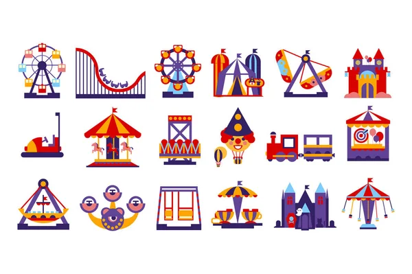 Elementos del parque de atracciones, noria, circo, carrusel, atracciones conjunto vector ilustración — Vector de stock