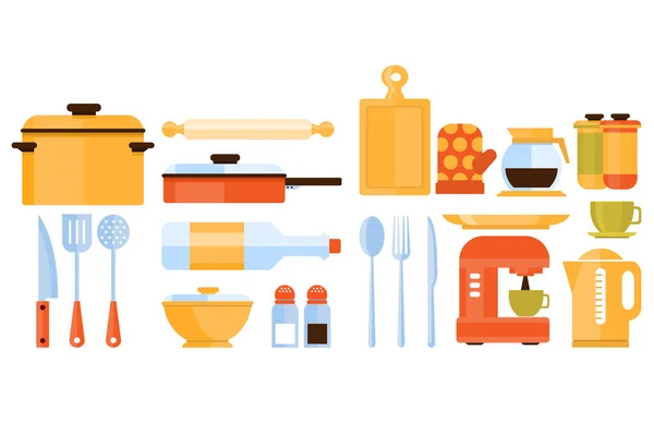 Utensilios de cocina y electrodomésticos gran conjunto, elementos de cocina vector ilustración en estilo plano — Vector de stock