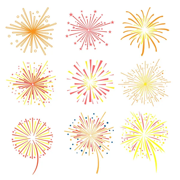 Juego de fuegos artificiales de celebración brillante, fiesta y fiesta elementos de diseño de fuegos artificiales vector ilustración — Vector de stock