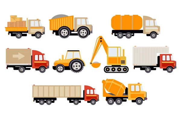 Constructii si transport marfa set mare, echipamente pentru constructii si camioane ilustratie vectoriala — Vector de stoc