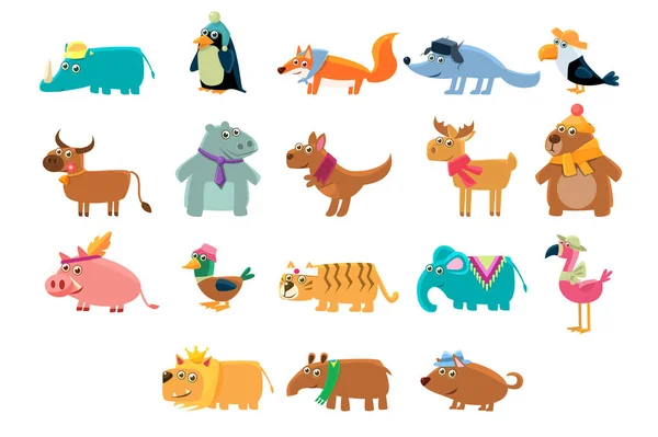 Animales lindos conjunto grande en colores brillantes ilustración vectorial infantil — Vector de stock